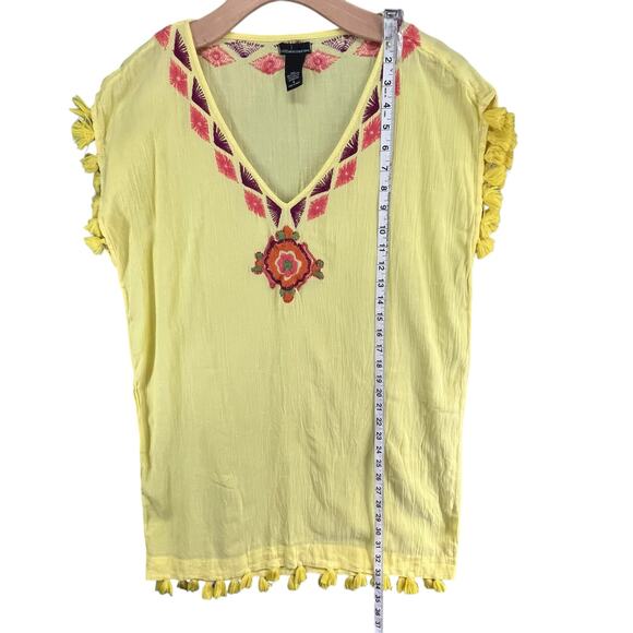 Moda International Y2K Tunic Top S Butter Yellow Embroidered Tassels Boho Beach - Picture 8 of 11